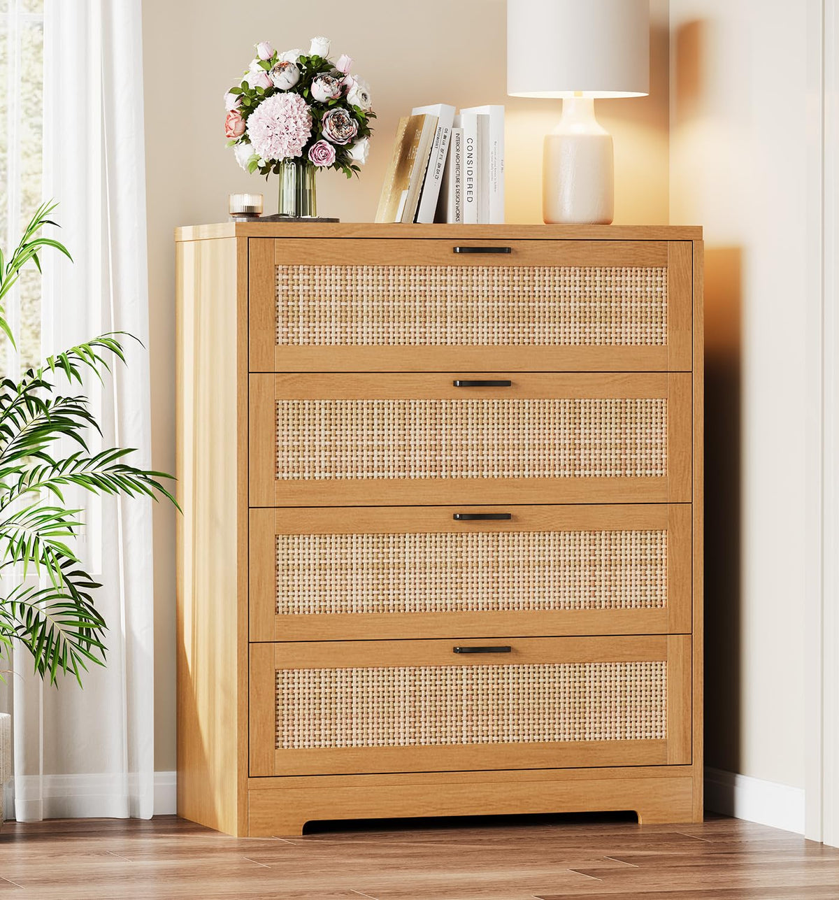 GarveeHome Rattan Dresser, Tall Chest of Drawers, Wood Dresser for Bedroom, Closet, Living Room, Hallway (Natural, 15.8" D x 31.5" W x 38.6" H (4 Rattan Drawers))