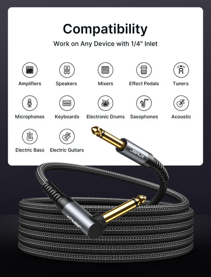 JSAUX Guitar Cable 10 ft, Amp Cord for Electric Guitar/Mandolin/Bass, Pro Audio Instrument Cable with 1/4" Tips(TS Port) Right Angle to Straight-Gray