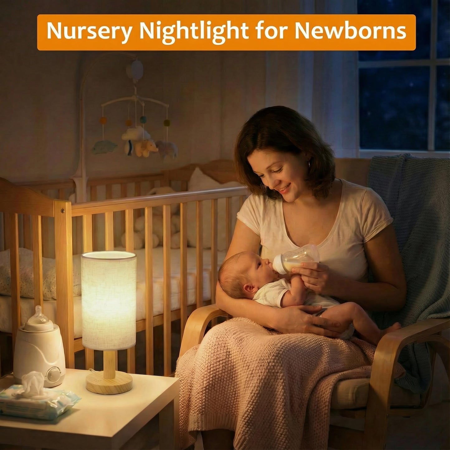 Touch Bedside Table Lamp - Stepless Dimming USB Powered, Minimalist Wood Base Linen Shade, 2700K Warm Light for Bedroom Nightstand Nursery Dorm Small Spaces, 5W LED 50K Hrs (No Bulb Replacement)