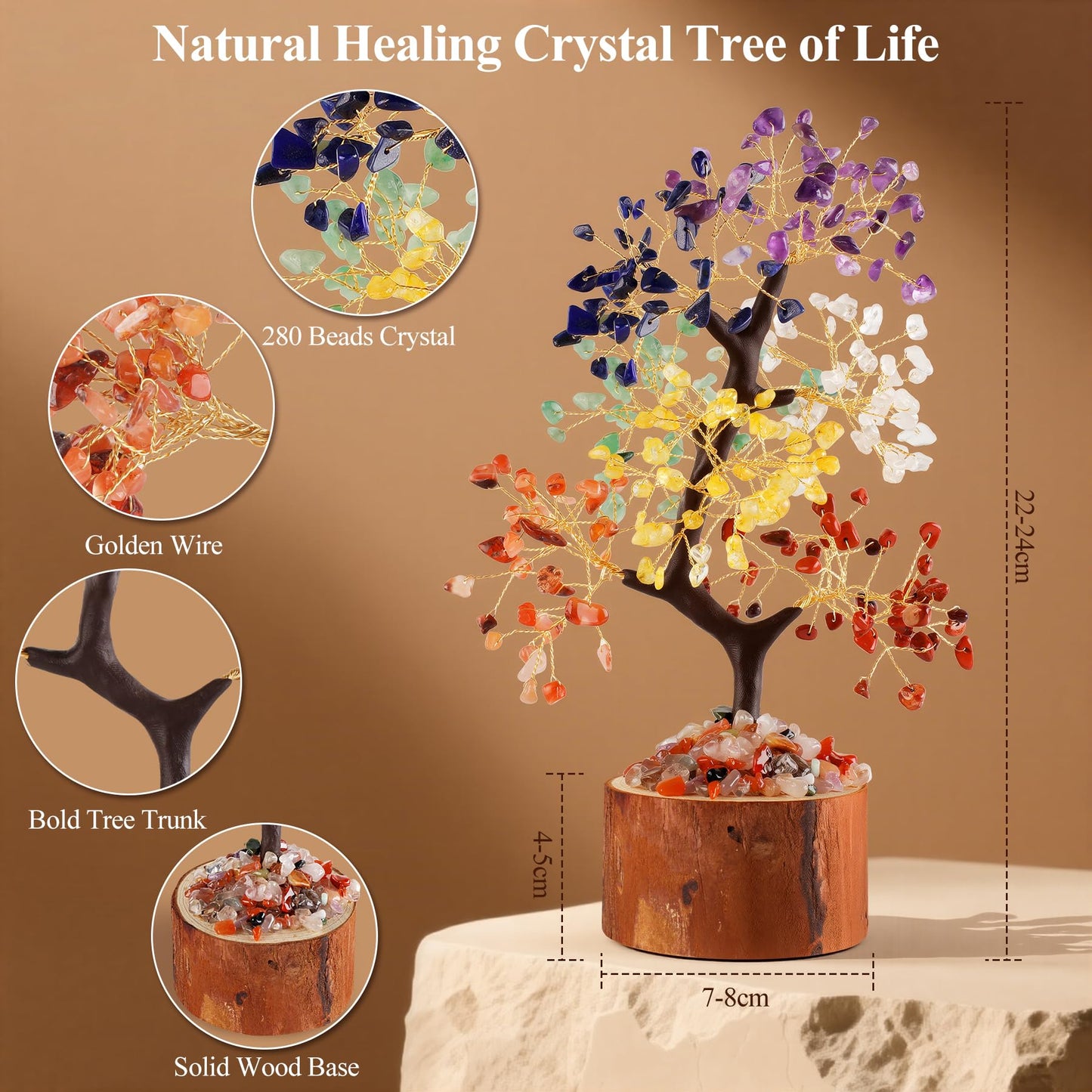 Crystal Tree of Life, Healing Crystal Trees with 280 Beads Chakra Stones, Handmade 7 Chakra Tree for Home Office Desk Crystal Decor, Good Luck Birthday Gifts for Women, Mom