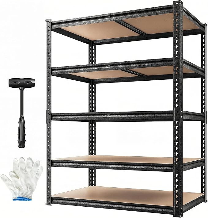 REIBII 2400LBS Storage Shelves 5 Tier Garage Shelving Heavy Duty, Adjustable Metal Shelving Unit, Garage Shelves for Basement, Warehouse, Pantry, Closet, Kitchen 72" H x 35.55" W x 16" D, Black