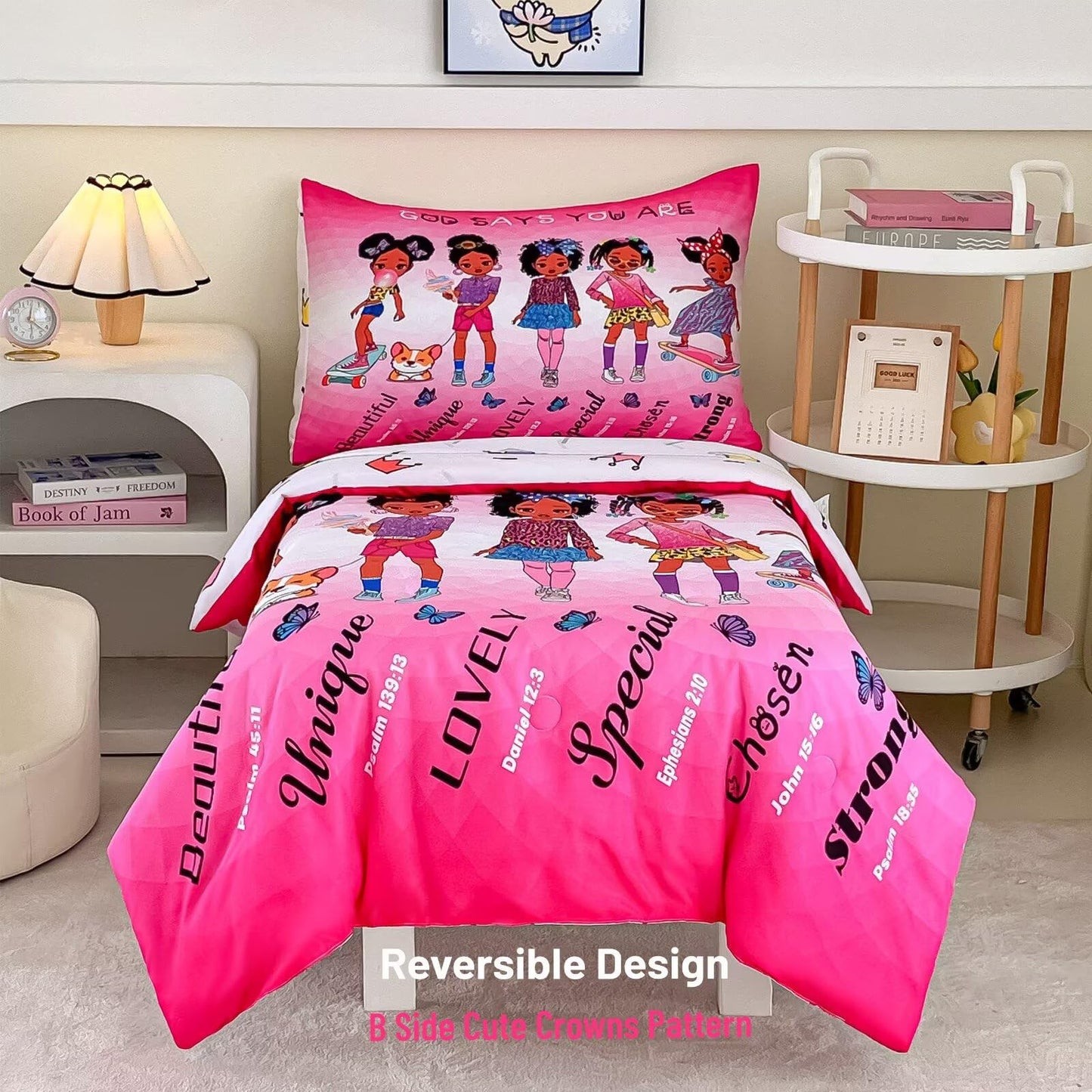 GRAT TIOC 4-Piece Toddler Bedding Set for Girls - Black Girl Magic Comforter Set Includes Comforter, Flat Sheet, Fitted Sheet, Pillowcase