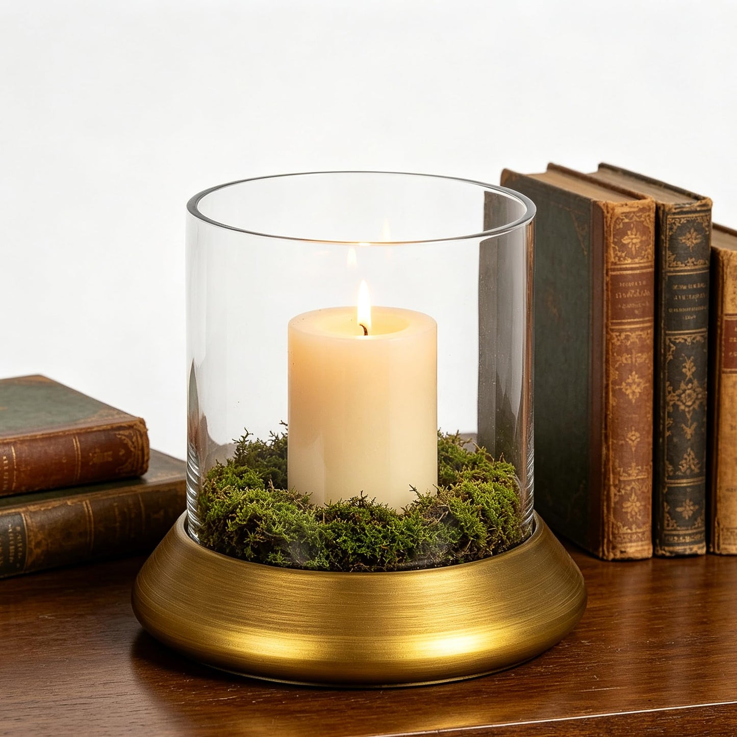 9" Farmhouse Glass Hurricane Candle Holder & Glass Vase with Metal Base in Antique Brass for Pillar & Flower Arrangement, Candlestick Holder, Terrarium, Centerpiece, Console, Dining Table, Mantel