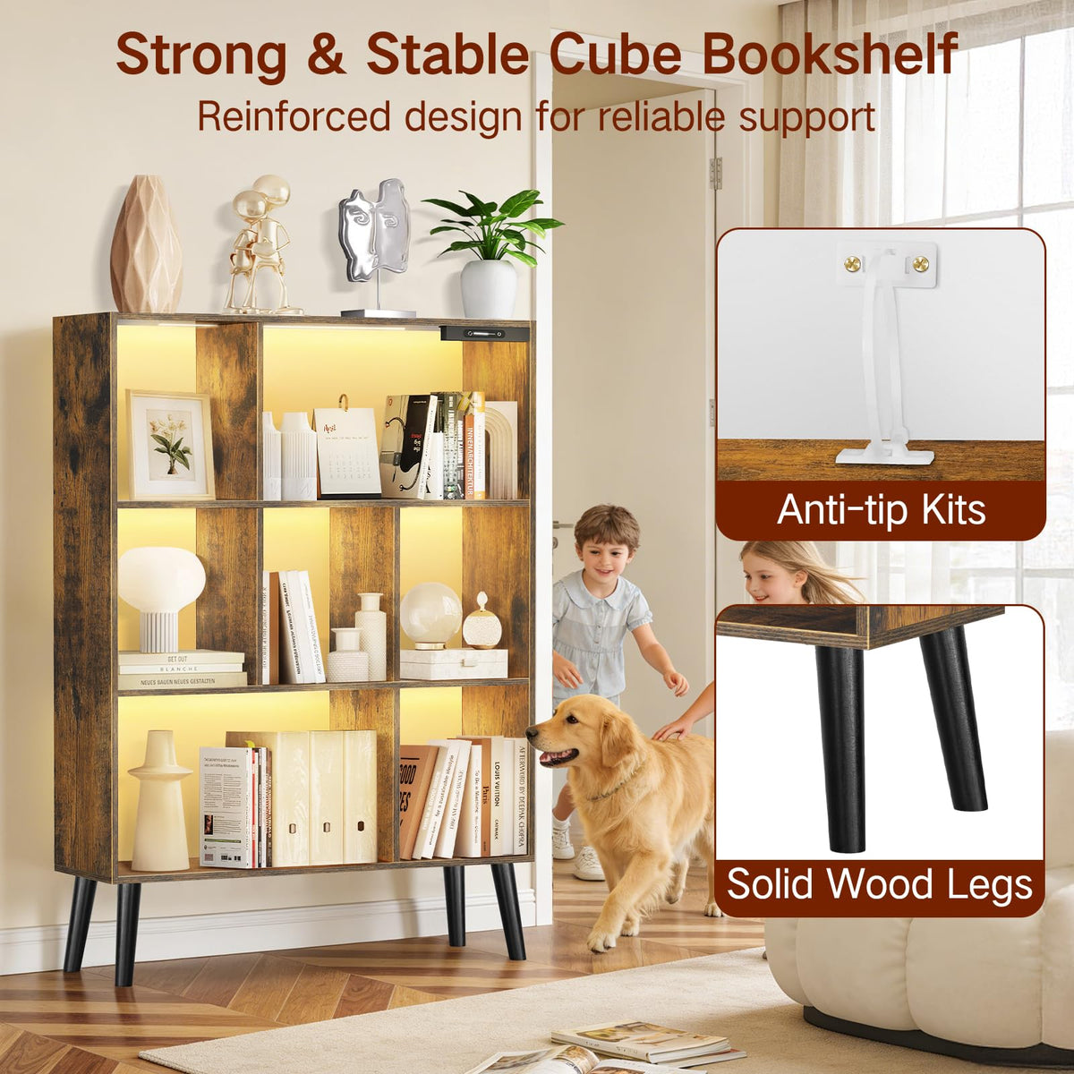 OUTONLIFE 7-Cube Bookshelf with LED Lights, Touch & Remote Control, Freestanding Open Bookcase Storage Shelf, Dimmable Modern Wooden Display Organizer with Legs for Living Room, Bedroom (Rustic Brown)