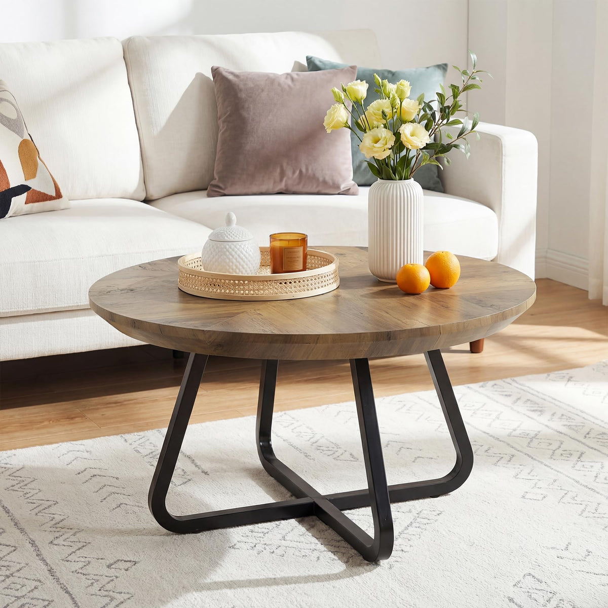 LITTLE TREE 31.5 Inches Round Coffee Table, Modern Wooden Center Table for Living Room, Home Office, Small Space, Easy Assembly, Rustic Brown