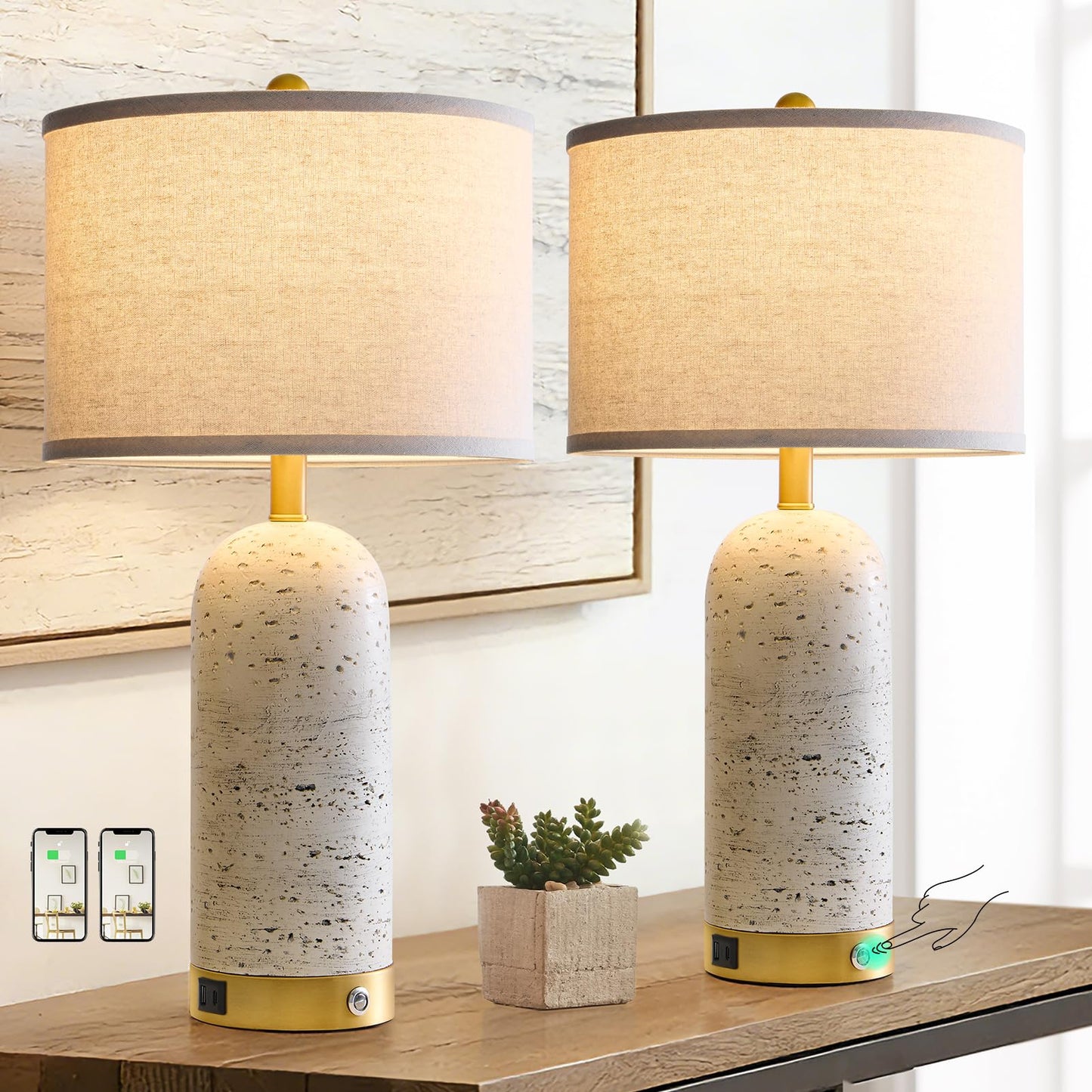 RORIA 25" Set of 2 Touch Rustic Table Lamps for Living Room, Resin Stone Travertine Nightstand Modern Lamps with 3-Way Dimmable and USB A+C Ports for Bedroom Entryway, 2 LED Bulbs Included