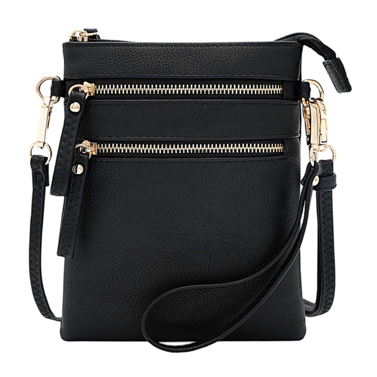 Solene Women's Faux Leather Organizer Multi Zipper Pockets Handbag With Detachable Wristlet Crossbody Bag-WU002(Black)