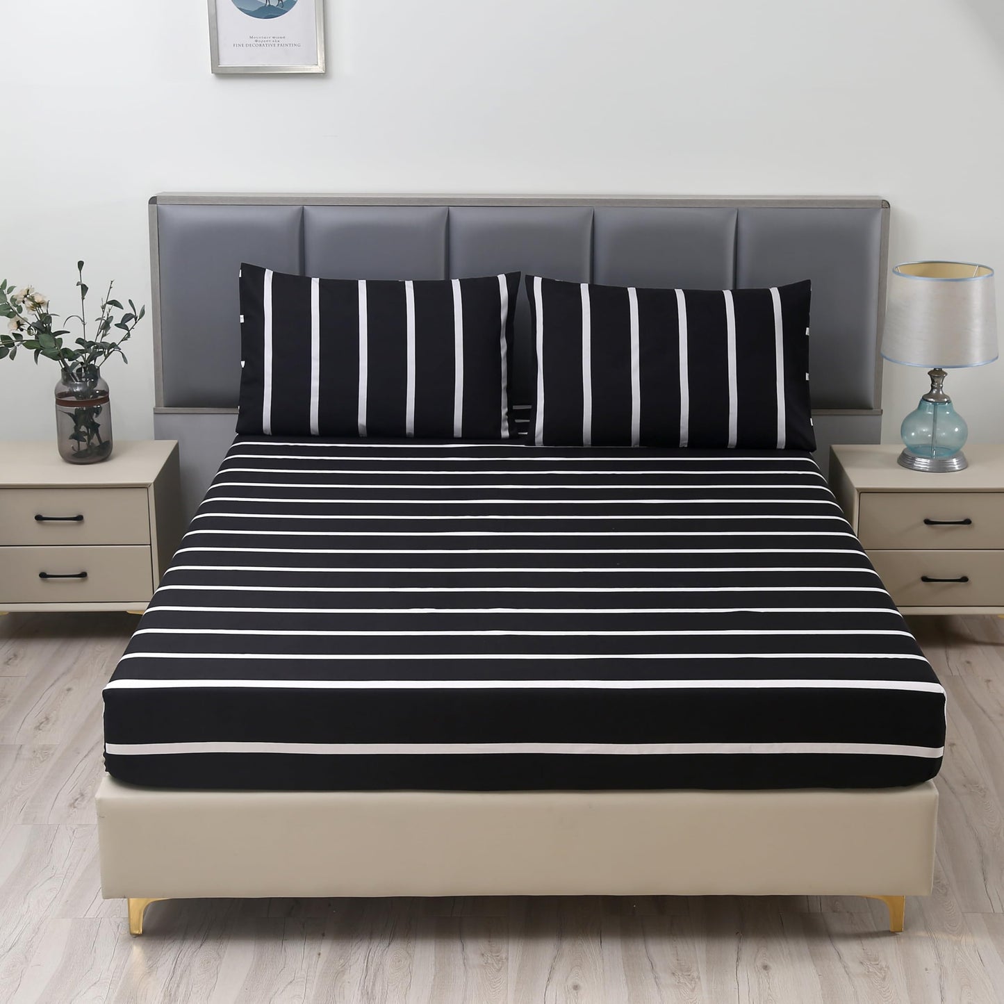 MAG 3pcs Striped Full Bed Sheet,Black and White Pattern Microfiber Fitted Sheets,Hotel Quality with1 Fitted Sheet and 2 Pillowcases,14 Inches Deep (Black and White, Full)