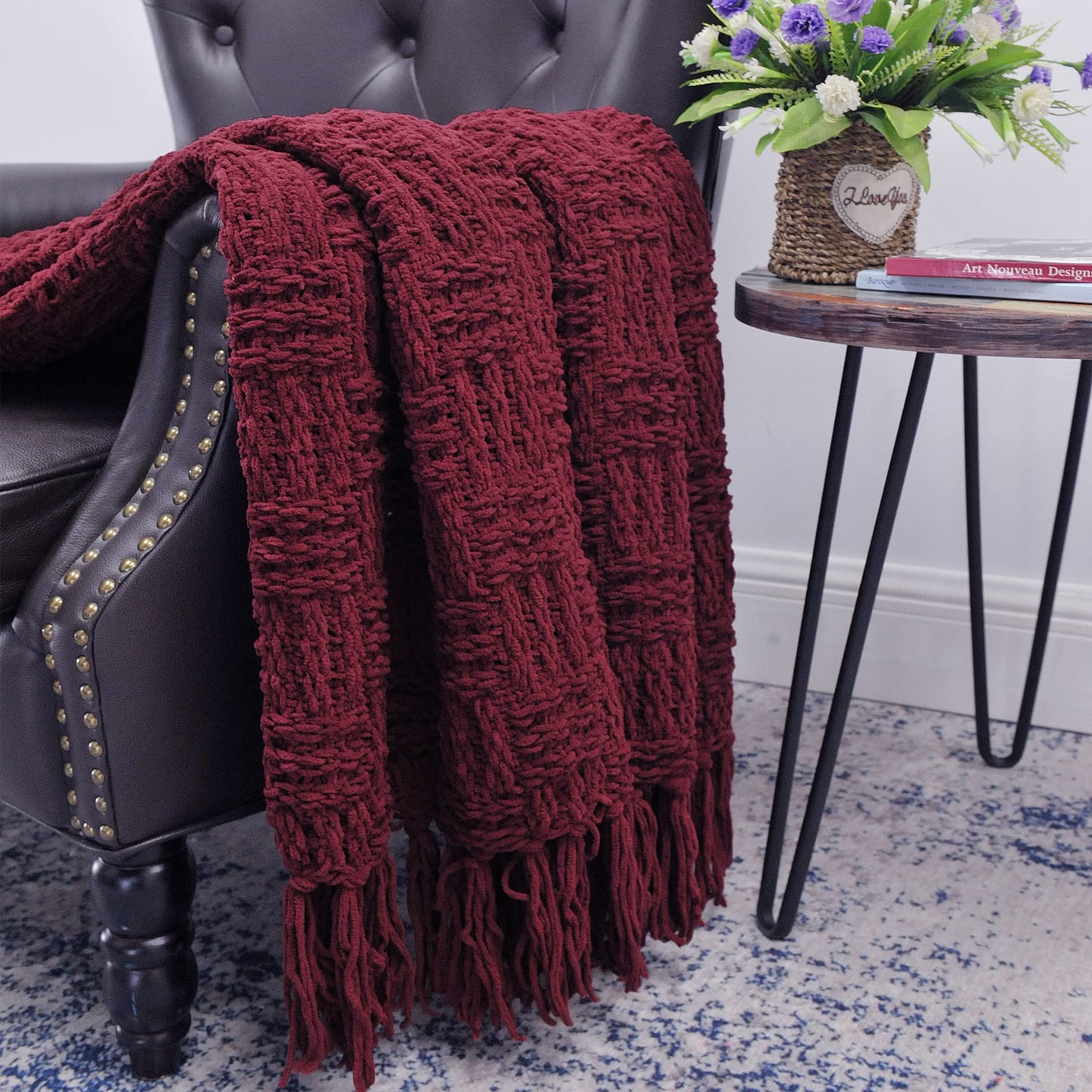 Home Soft Things Cable Knitted Throw Blankets 50'' x 60'', Burgundy, Soft Cozy Fluffy Decorative Throw with Tassels Couch Bed Sofa Cover Throw Blankets