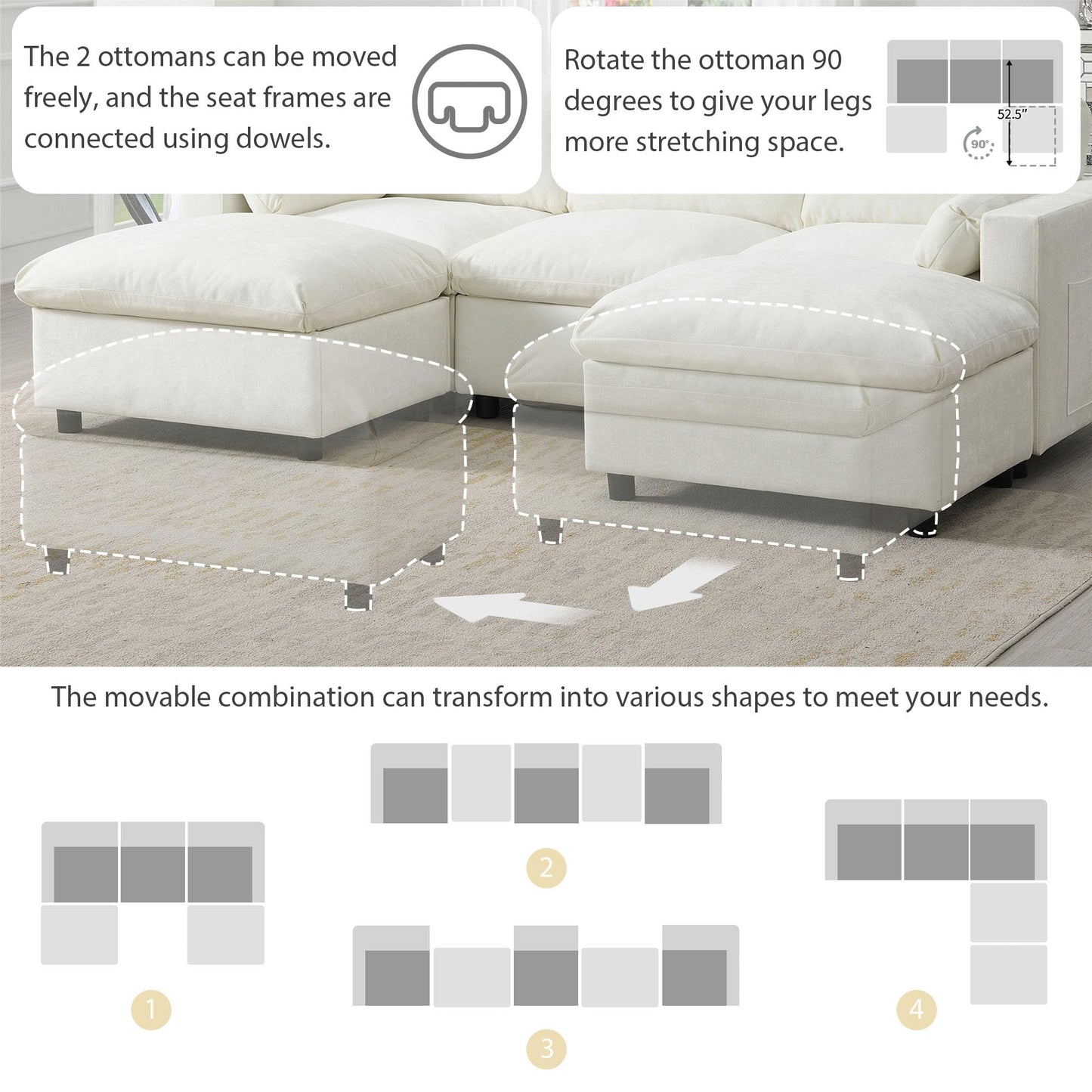 Merax 86.5" Sectional Sofa with Storage Pockets & Removable Ottomans, Cream 5 Seat U Shaped Sleeper Cloud Couch Set, Convertible L-Shaped Upholstered SofaBed for Living Room and Apartment, White