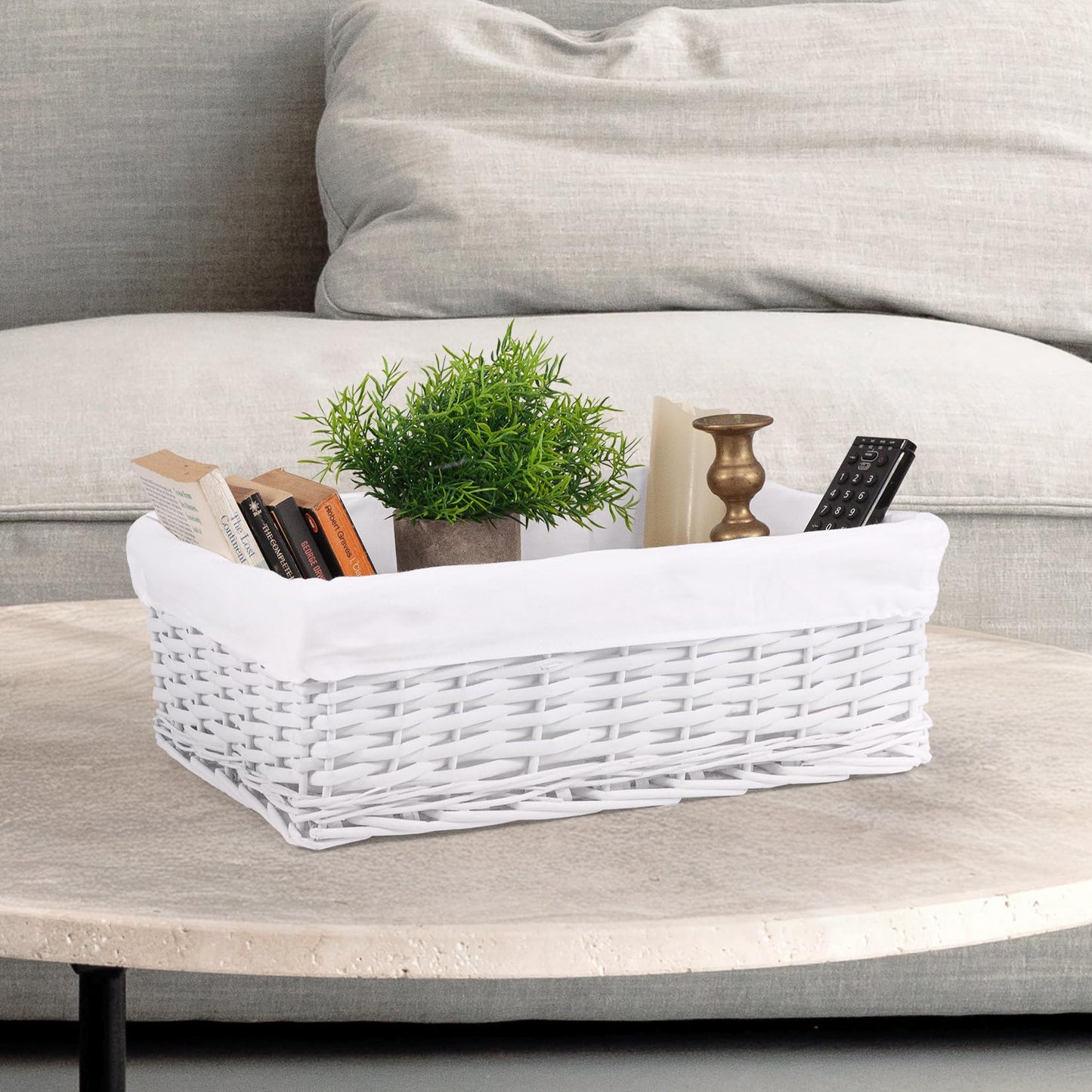 woodluv New White Wicker Storage Basket With White Cloth Lining (Large)