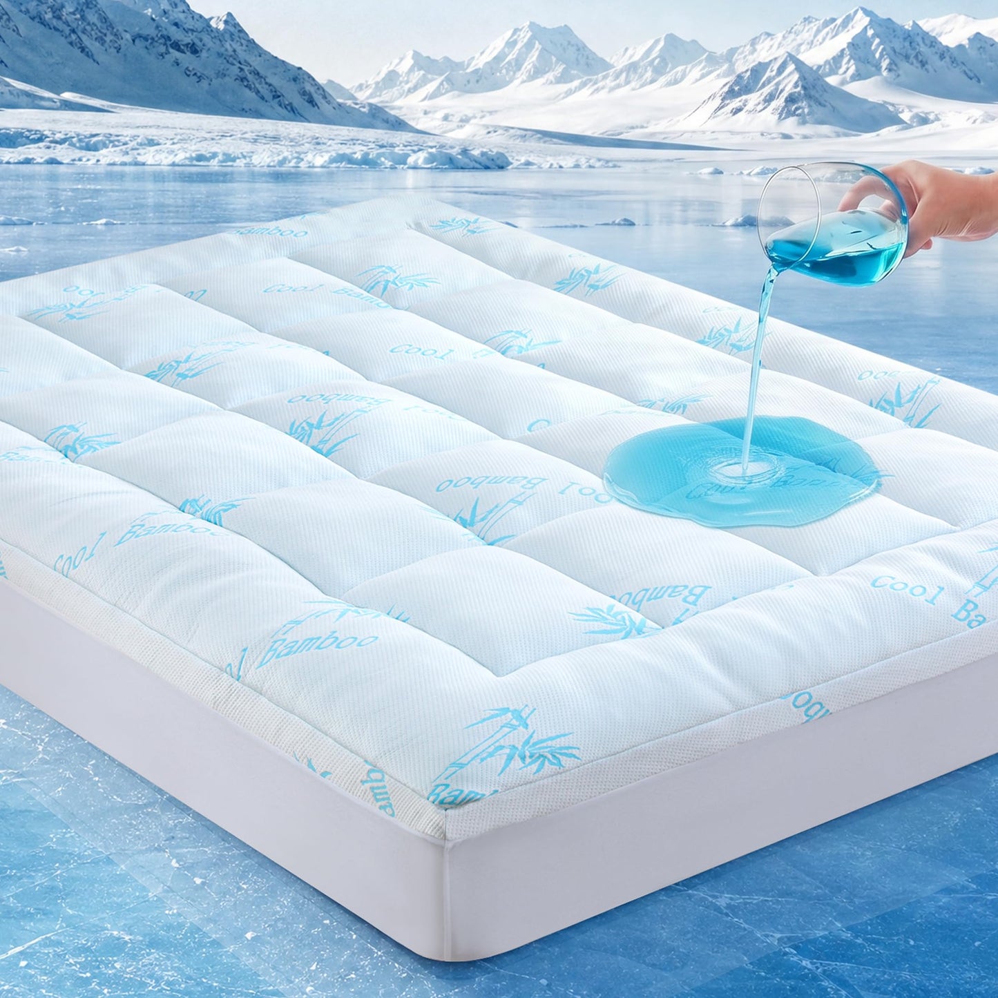 DOWNCOOL 100% Waterproof Queen Mattress Topper, Cooling Pillow Top Memory Foam Mattress Topper for Hot Sleepers, Viscose Derived from Bamboo, Deep Pocket Fits 8-21 Inch