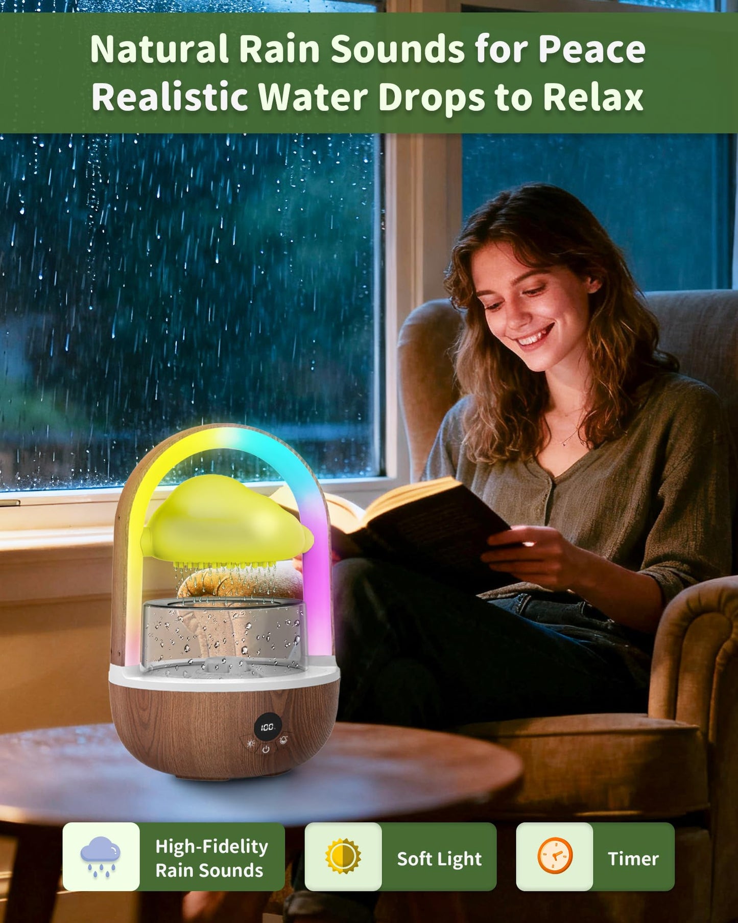 Relaxing Indoor Water Fountain with Gentle Rain Sounds, Weljoy Cloud Rainbow Rain Tabletop Fountain with Color Changing Lights, Wireless Design for Office Desk Meditation (Wood)