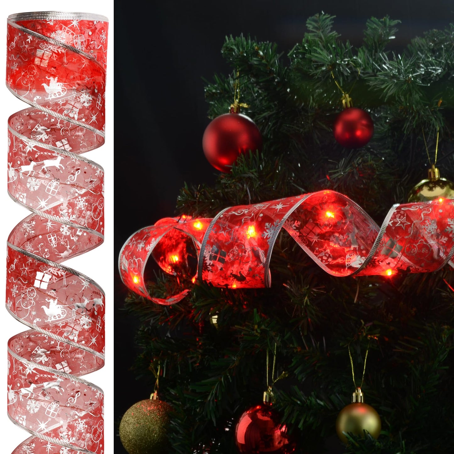 Vimorg Christmas Decorations - 2.5Inch x 66Ft 200 Led Christmas Tree Ribbon Lights with 8 Lighting Modes, Battery Operated & USB Powered Fairy String Lights with Timer for Xmas Tree Decor