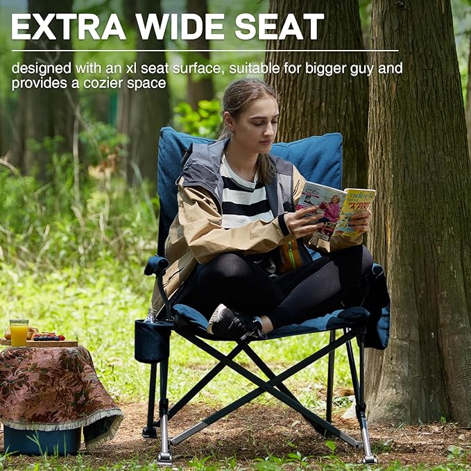 EVER ADVANCED Padded Oversized Folding Camping Chair for Adults, Heavy Duty Lawn Chair with Side Pockets, Portable Collapsible Quad Chair for Outside, Support Up to 500lbs, Blue