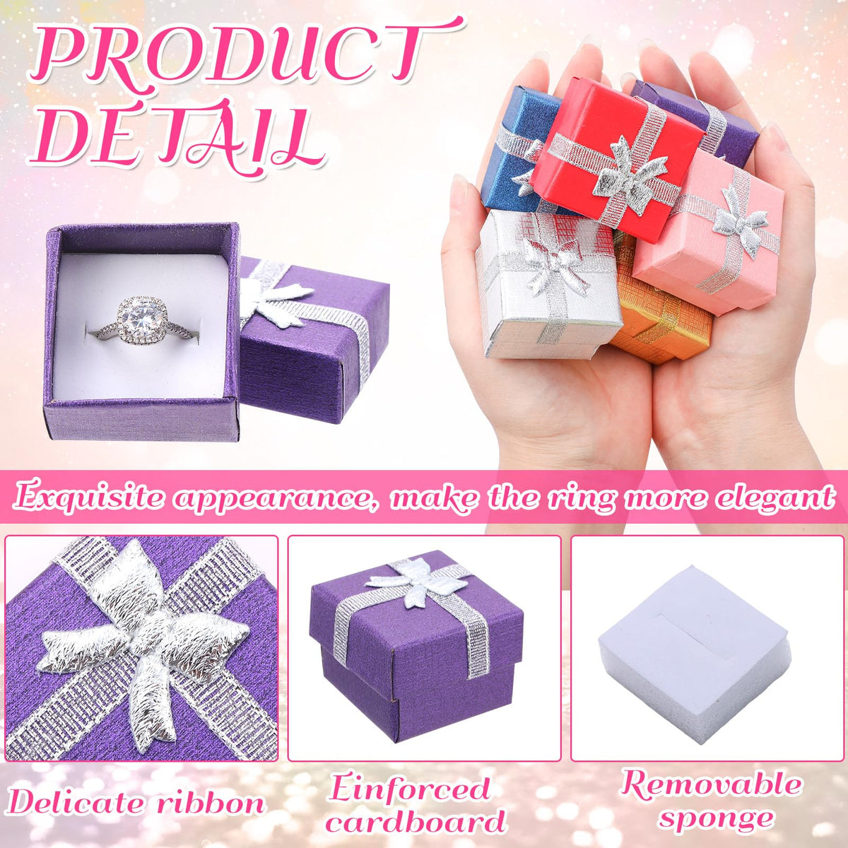 Bucherry 72 Pcs Ring Box Bulk Cardboard Jewelry Gift Boxes with Ribbon Bow Small Earring Case for Wedding Mothers Day Packaging(Modern Color)
