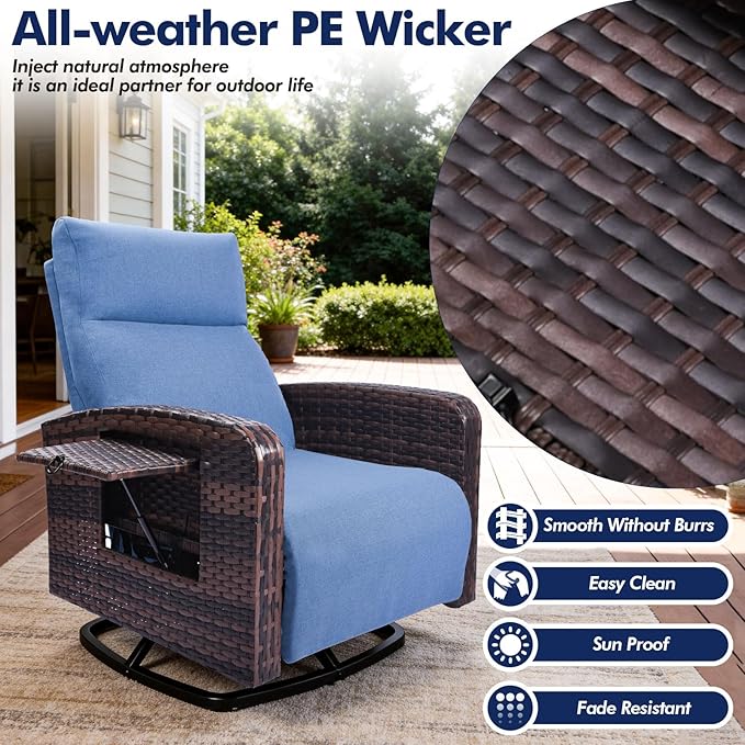 Outdoor Recliner Chair Set of 2, Wicker Patio Recliners with Adjustable Backrest and Extended Foot Rest, Reclining Patio Chairs with Flip Table & Removable Cushion Cover for Porch
