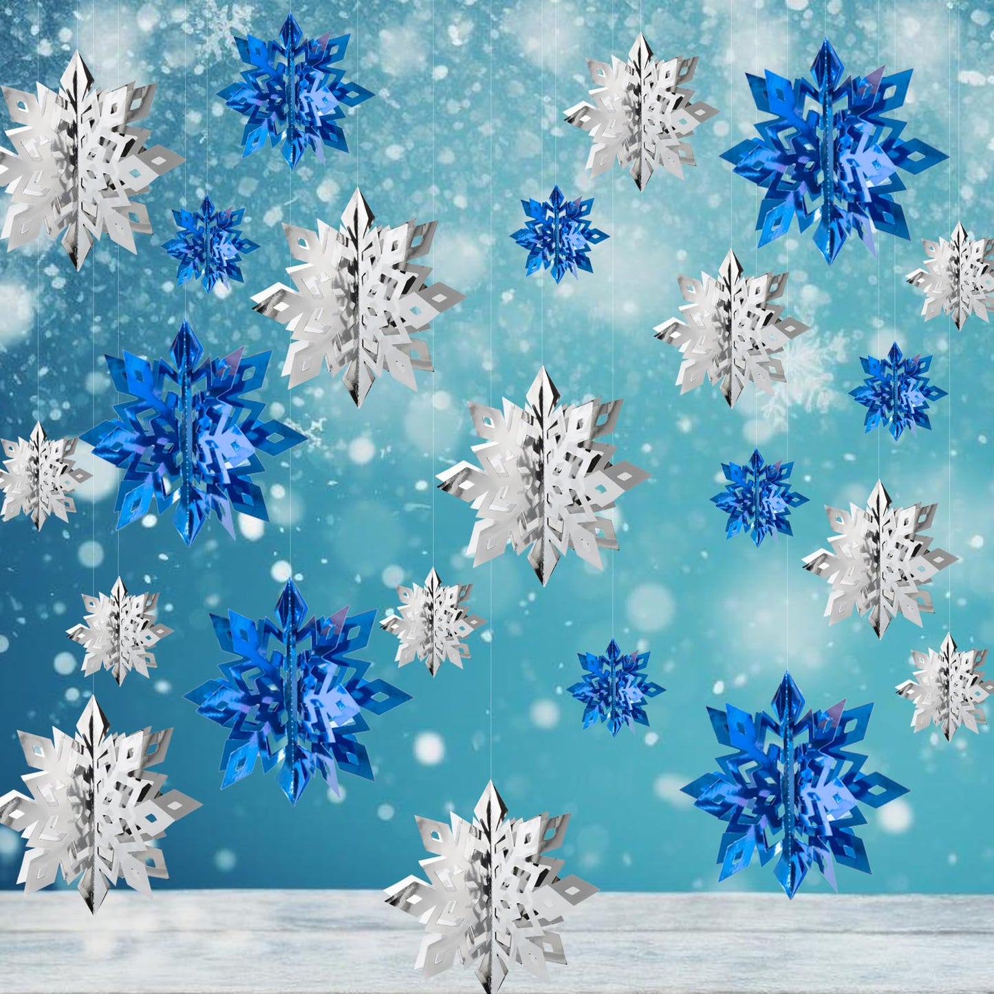 OuMuaMua Winter Christmas Snowflake Decorations Indoor, 24PCS 3D Silver Blue Snowflakes Christmas Hanging Ornaments for Home Xmas Xmas Holiday Winter Wonderland New Year Party Decor Supplies