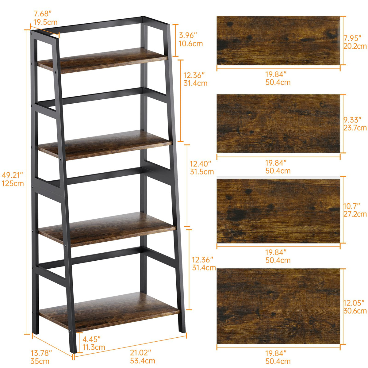 HITNET Ladder Shelf, 4 Tier Bookshelf with Bamboo Frame, Freestanding Bathroom Storage Shelving Unit for Living Room, Home Office, Bedroom, Rustic Brown and Black