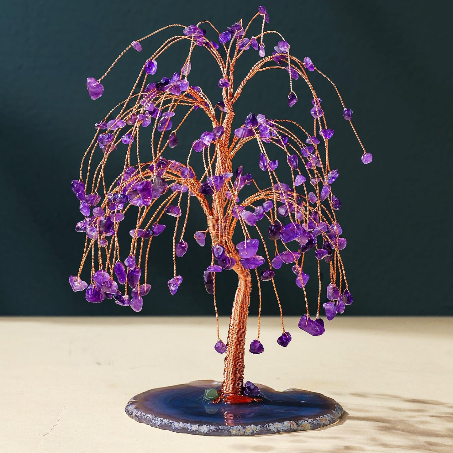 Runyangshi Natural Amethyst Crystal Tree of Life Handmade with Copper Wire - 7-8" Healing Crystals Gemstone Willow Tree Geode Agate Slices Base for Home Decor, Feng Shui Gifts, Office Desk Ornament