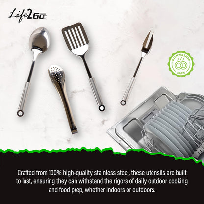 Life2Go 12 Piece Camp Cooking Utensil Set & Outdoor Kitchen Gear Cookware Kit, Portable Compact Carry Case for Camping, Hiking, Travel, BBQ Grilling Stainless Steel Accessories Spoon & Fork, Gray