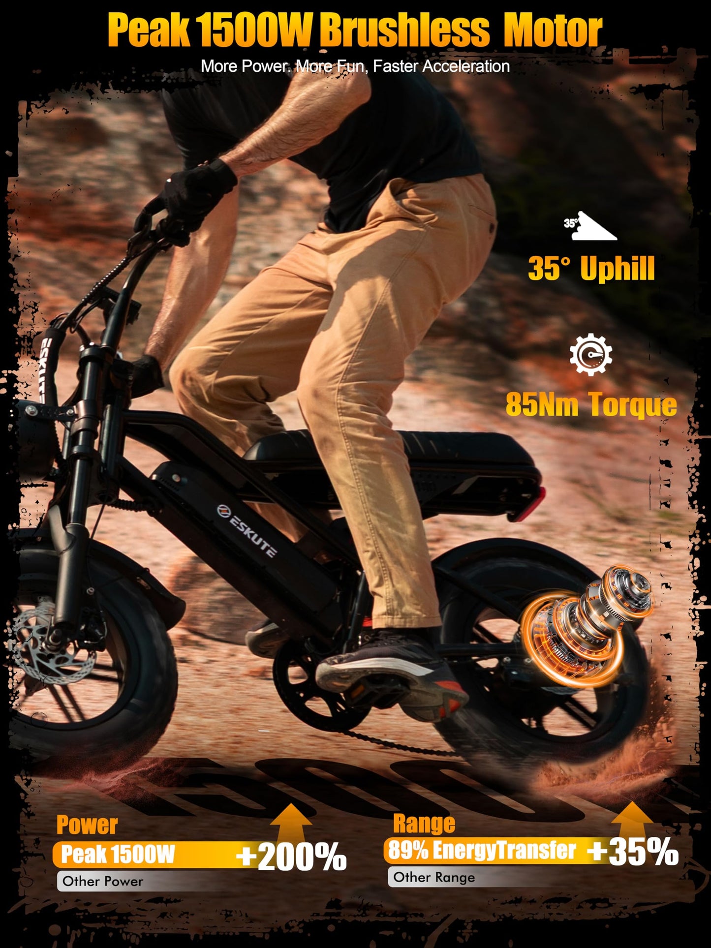 ESKUTE V100 Electric Bike for Adults, Electric Dirt Bike 1500W Peak Motor, All Terrain Dual Suspension E Bike 20+MPH Top Speed, Ebike Up to 60 Miles Range, 16" Fat Tire, 48V13Ah Battery, 7-Speed,BKOR