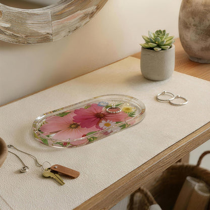 Britrio Pressed Flower Resin Jewelry Tray Decorative Vanity Trinket Dish for Women Rings Earrings Necklaces Keys Makeup Desk Organizer Holder Plate Home Decor Gift 6.93''x3.62''