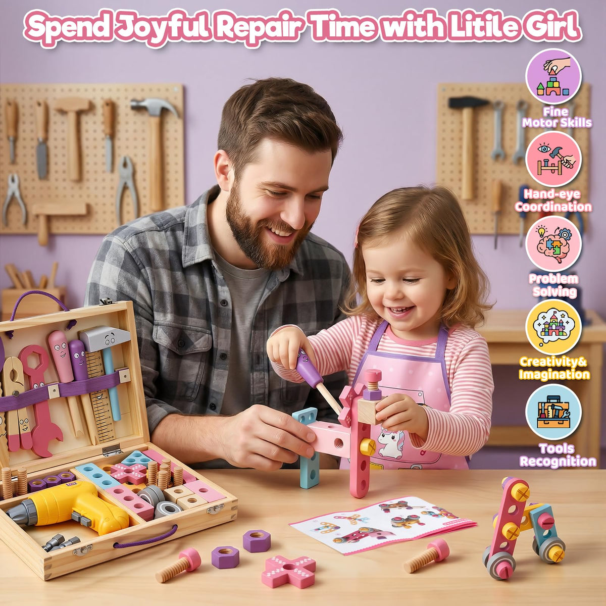 Wooden Kids Tool Set with Drill Montessori Toys for 3 Year Old Girl 44Pcs