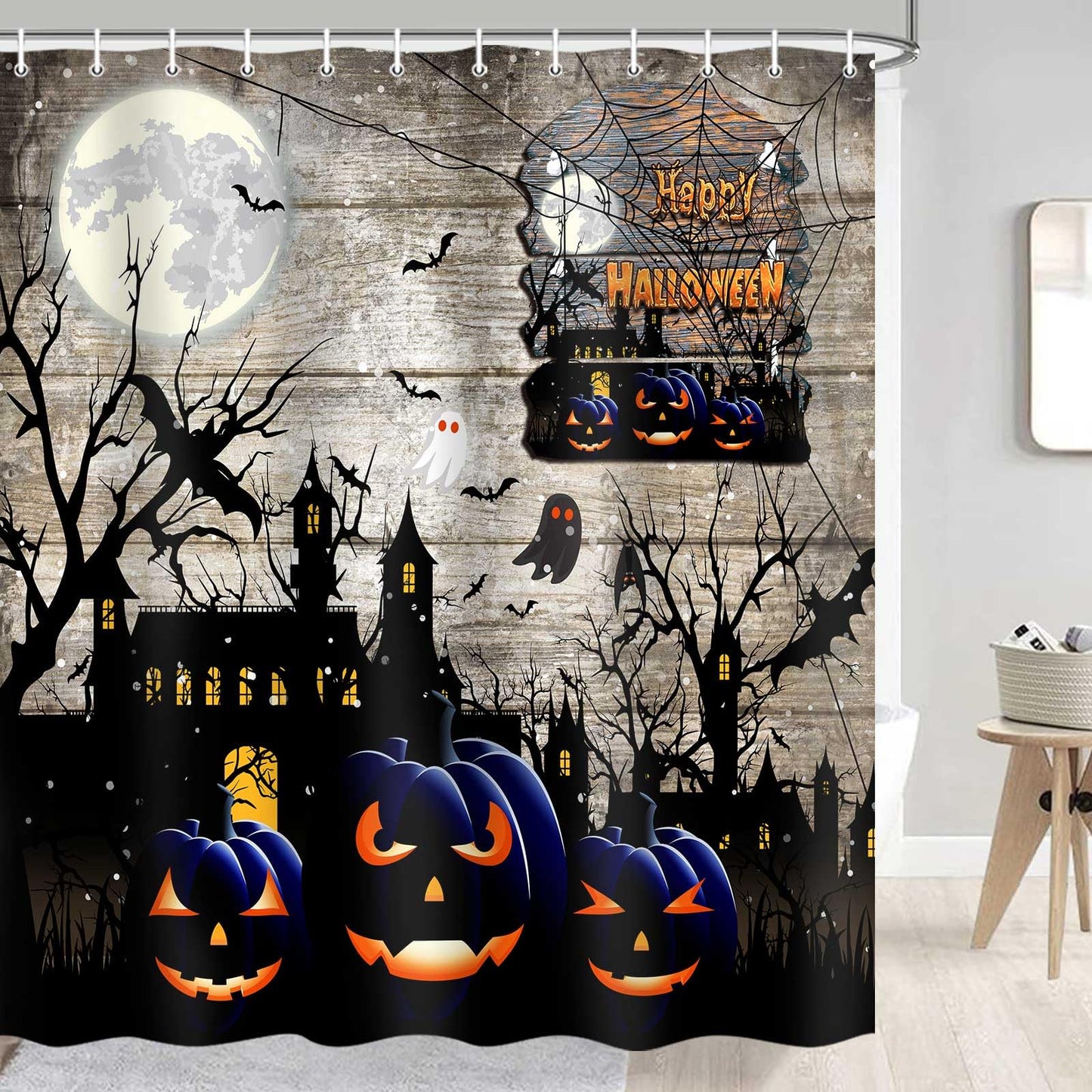 JAWO Halloween Shower Curtain Set, Ghost Pumpkin Horror Bat Rustic Farmhouse Decor Fall Autumn Festival Bath Curtains, 69x70 Inch, Hooks Included