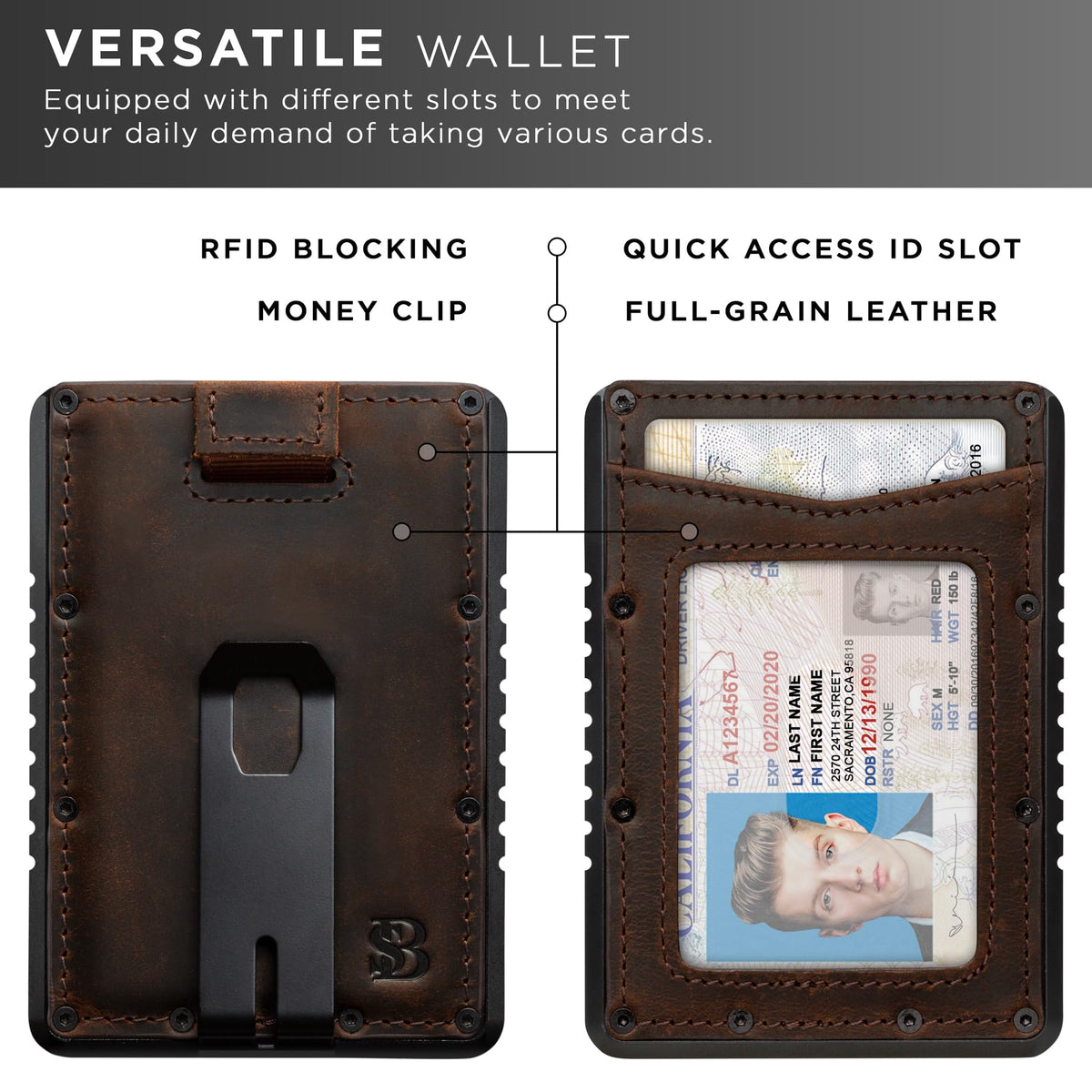 SERMAN BRANDS Metal Wallet - Slim RFID Blocking Wallet for Men with Money Clip - Metal Minimalist Front Pocket Wallet - Thin and Compact – Full Grain Leather Card Holder for Men - Texas Brown Raptor