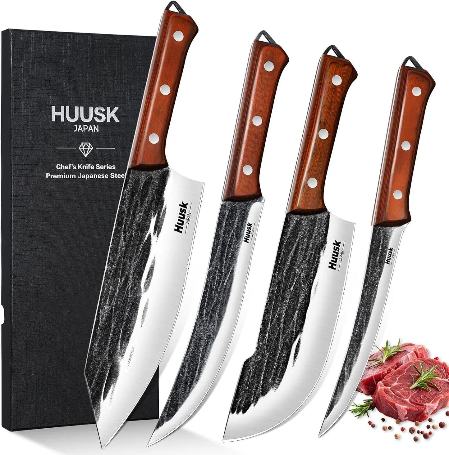 Huusk Butcher Knife Set, 4 PCS Hand Forged BBQ Knife Set for Meat Cutting, Sharp Meat Carving Breaking Knives with Ergonomic Handle, Christmas Gifts for Men Women