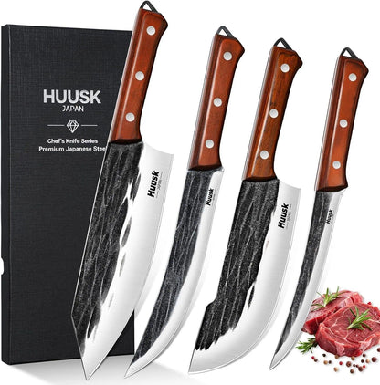 Huusk Butcher Knife Set, 4 PCS Hand Forged BBQ Knife Set for Meat Cutting, Sharp Meat Carving Breaking Knives with Ergonomic Handle, Christmas Gifts for Men Women
