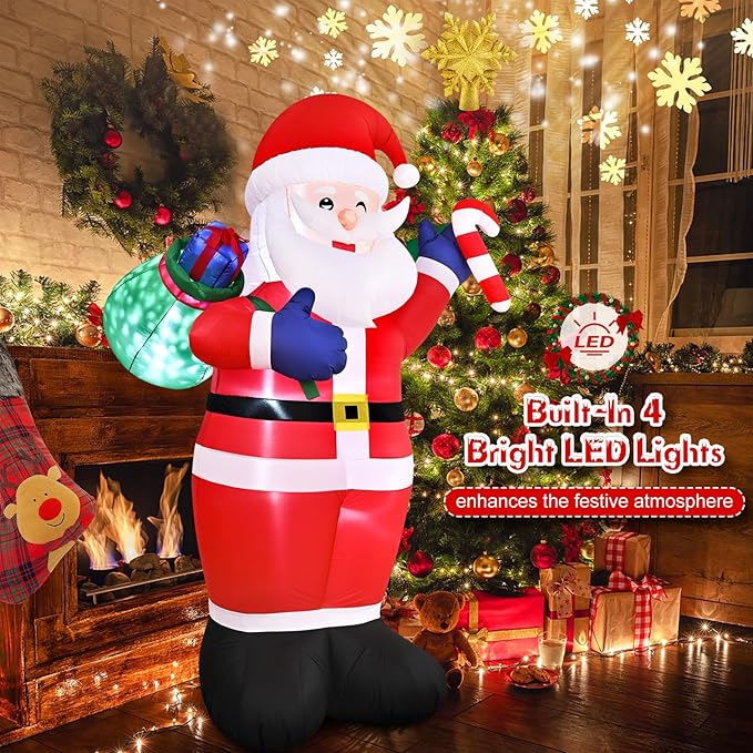 FRAMICS 8 FT Christmas Inflatable Santa Claus with Gift - Outdoor Decoration with LED Lights for Holiday Garden Lawn Party