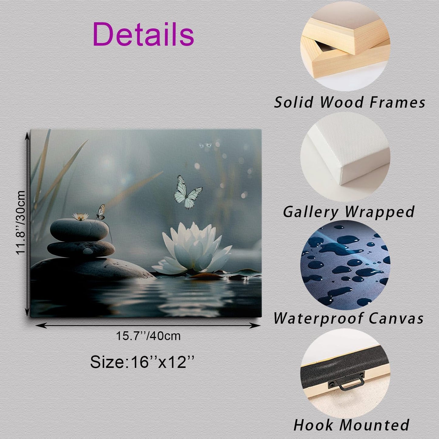 Zen Lotus Flower with Stones and Butterflies Canvas Wall Art Framed Serene Painting Prints Posters Artwork for Meditation Room Wall Decor Calming Spiritual Bathroom Art 12x16 Inches