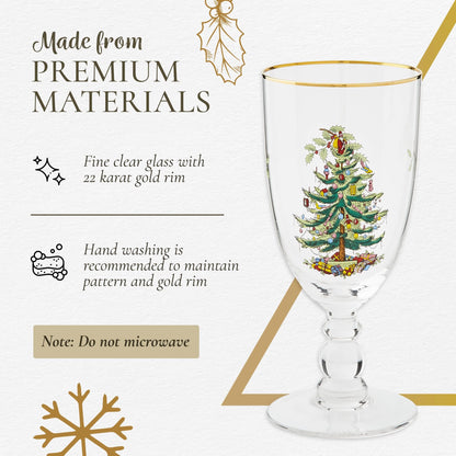 Spode Christmas Tree Gold 16oz Pedestal Goblets (Set of 4) - Gold Rimmed Glasses, Festive Holiday Drinkware for Christmas Dinner, Wedding Gifts - Holiday Glassware for Wine, Cocktails & Martinis