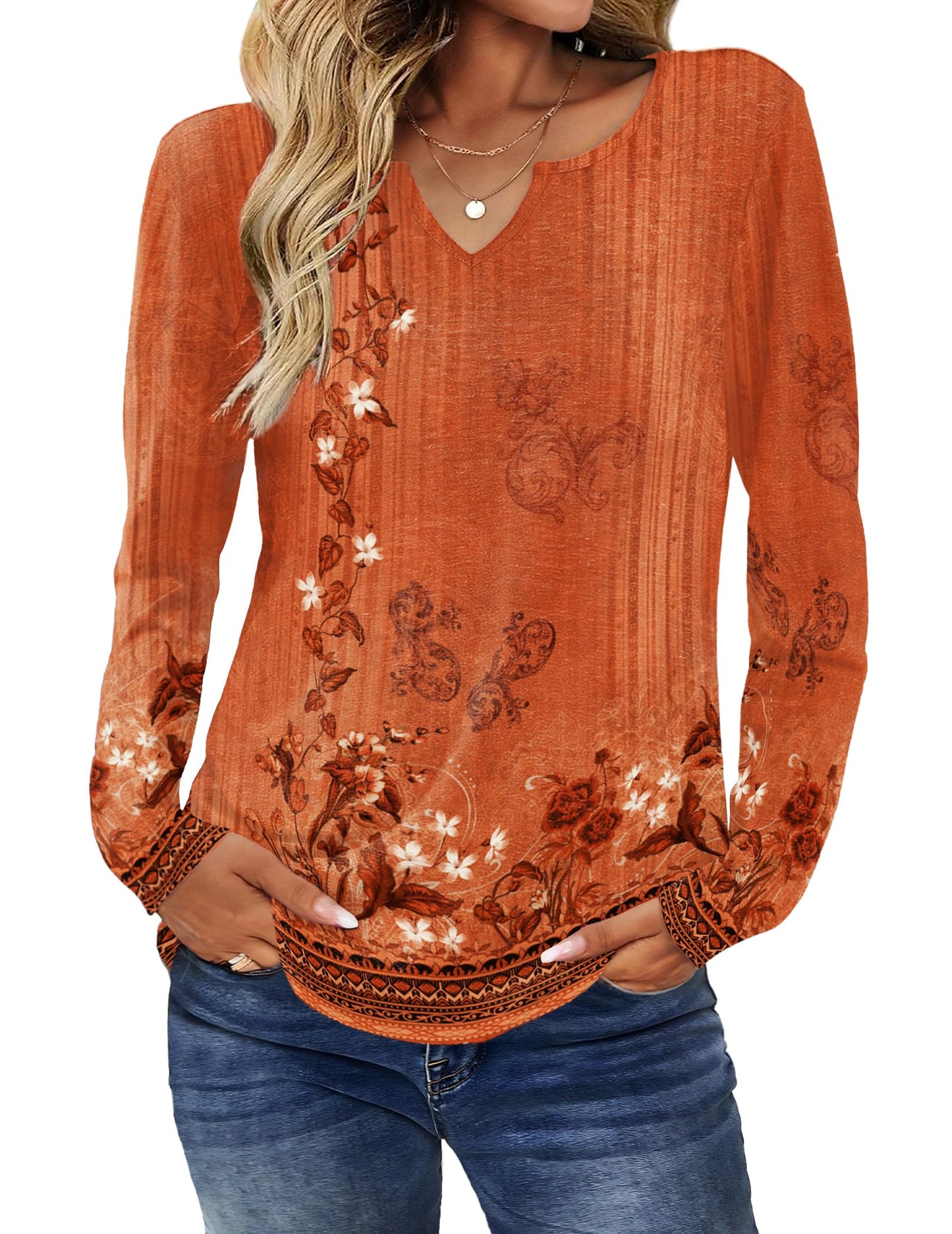 Zeagoo Boho Tops for Women Thanksgiving Long Sleeve Shirts V Neck Fall Casual Blouses Floral Printed Plus Size Tshirt XL