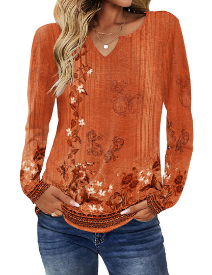 Zeagoo Boho Tops for Women Thanksgiving Long Sleeve Shirts V Neck Fall Casual Blouses Floral Printed Plus Size Tshirt XL