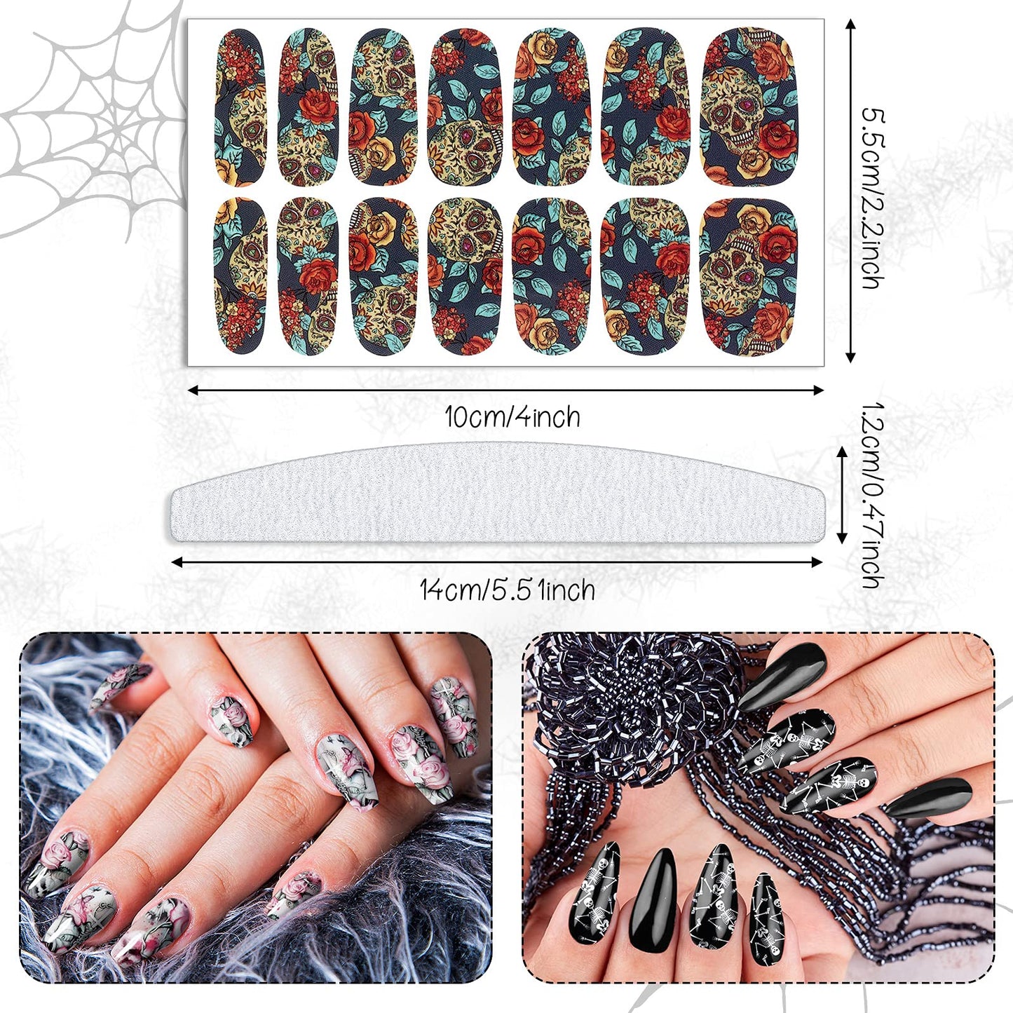 Maitys 168 Pcs 12 Sheets Halloween Goth Full Wrap Nail Stickers Nail Polish Strips Decals Skull Self Adhesive for Women DIY Decoration(Skeleton Style)