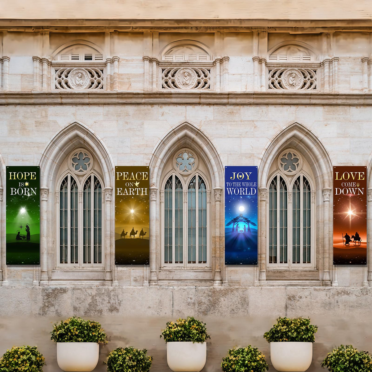 Hahafelt 4 Pcs Advent Church Banners for Sanctuary Wall, 2 x 6 ft Nativity Scene Banner Easter Religious Hanging Sign for Schools Church Easter Nativity Decor