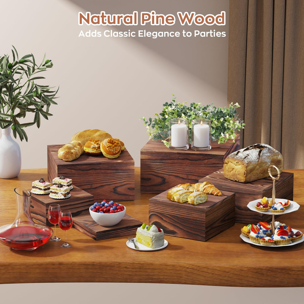 MUNNAR 6 PCS Wooden Buffet Risers, Wood Display Risers for Food, Wooden Square Risers Display Stands, Food Risers for Buffet Table (10", 9" , 8", 7", 6", 5") with 67" Faux Greenery Vine