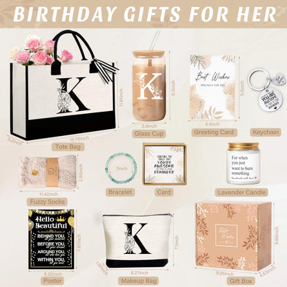 Lepiche Birthday Gifts for Women, Monogrammed Initial Gift for Teacher Wife Mom, Tote Bag,Glass Cup Gift Basket Personalized Christmas Mother's Teacher Appreciation Day,K