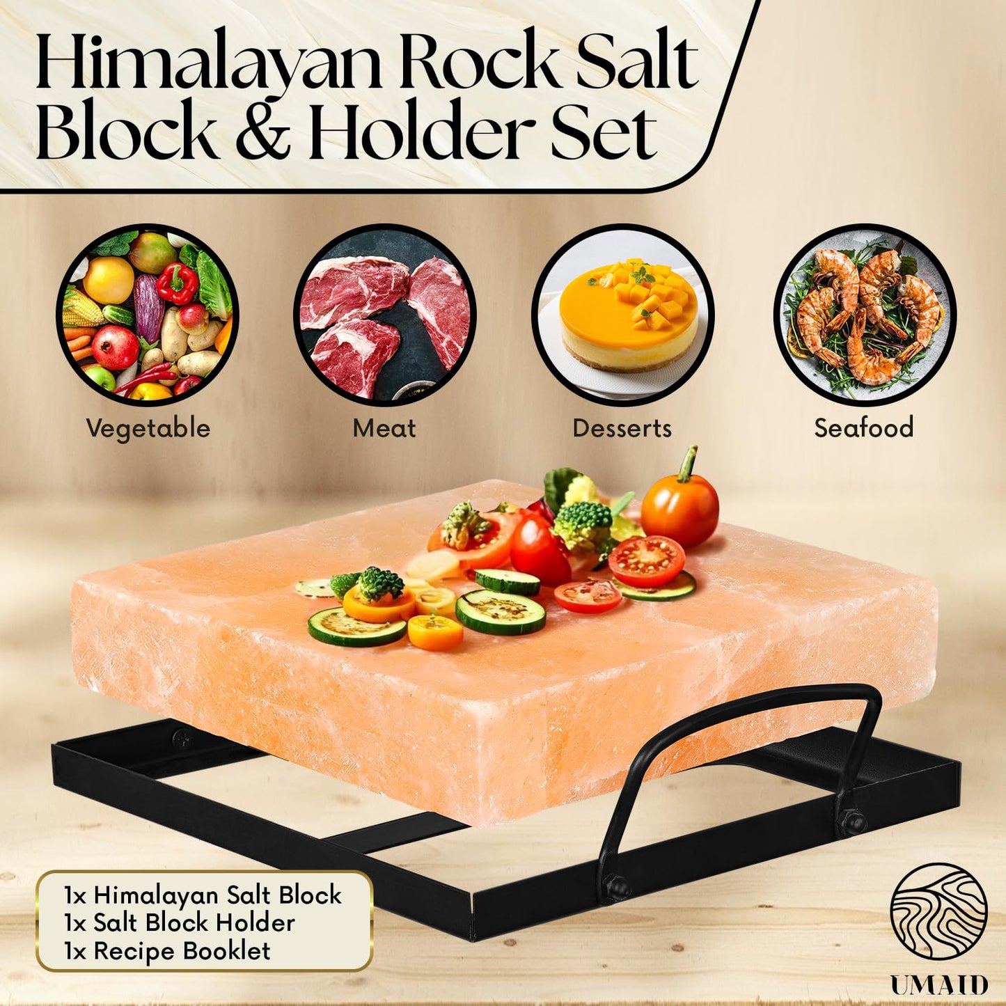 UMAID Himalayan Salt Block Cooking Plate 8x8x1.5 – Food Grade Pink Himalayan Salt Stone for Cooking, Salt Block for Grilling, Serving & Cutting – Includes Steel Tray & Grilling Recipe Booklet – Unique Gifts for Men & Dad Gifts for Fathers Day