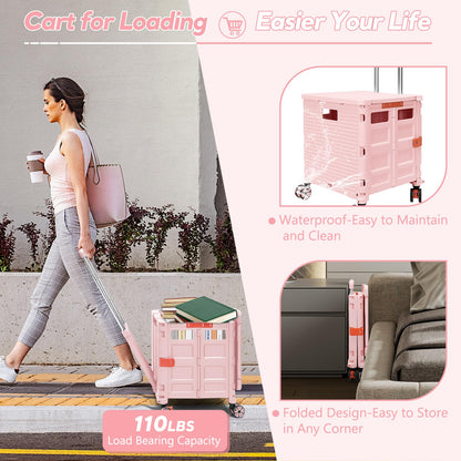 FELICON SELORSS Folding Utility Cart Rolling Crate Tote Basket Box Storage Handcart on 4 Swivel Wheels with Adjustable Handle Extended Magnetic Lid for Teacher Move Shop Travel Grocery Office(Pink)