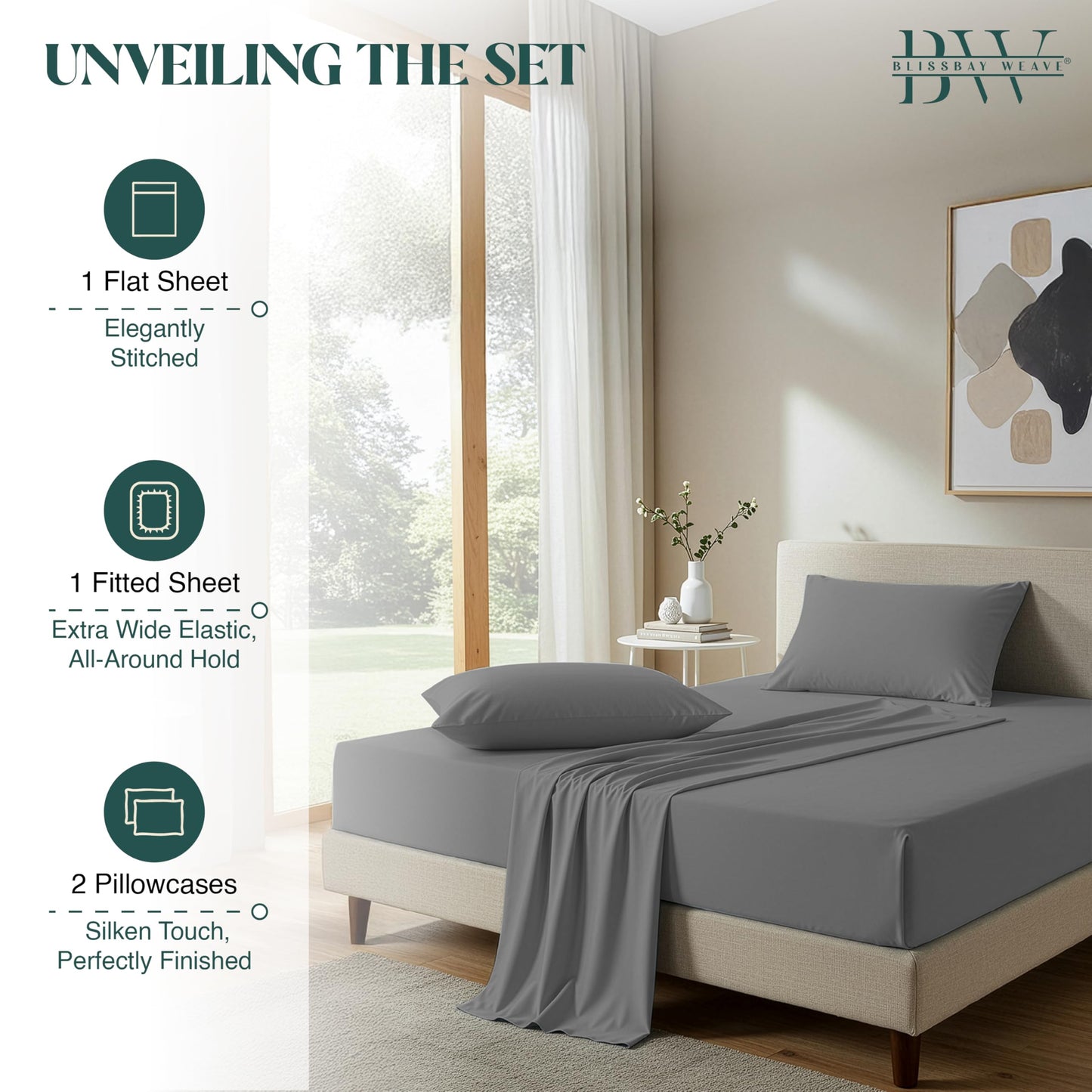 BlissBay Weave 100% Egyptian Cotton Sheet Set King Size 4 PCs Sateen Weave Cooling Soft Wrinkle Resistant 18 inches Deep Pocket | 1 Fitted Sheet, 1 Flat Sheet, 2 Pillowcases | Dark Grey