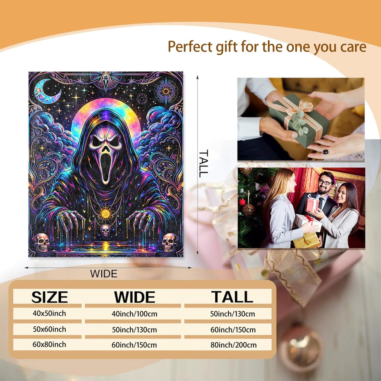 Neon Skull Tarot Gothic Throw Blanket Gifts for Kids Women, Soft Warm Horror Flannel Blankets for Living Room Sofa Home Bedroom Decor 50" x 60"
