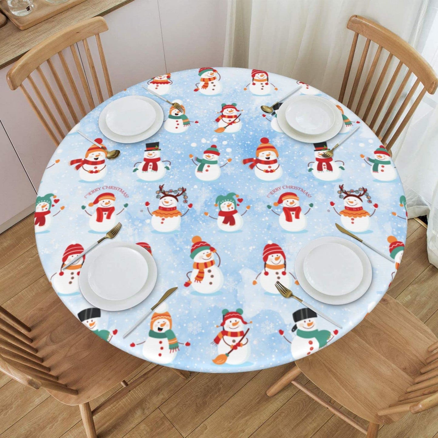 KUOAICY Christmas Snowman Winter Snow Blue Round Fitted Tablecloth with Elastic Edged Decorative Kitchen Dining Table Cloth Cover Fits 45-50" Round Table