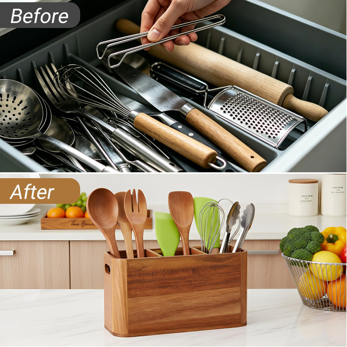 2PC Wooden Kitchen Utensil Holder for Countertop - Wall-mountable Large 4+3 Compartment Acacia Wood Organizer, Rustic Minimalist Utensil Crock for Cooking Tools and Flatware Storage