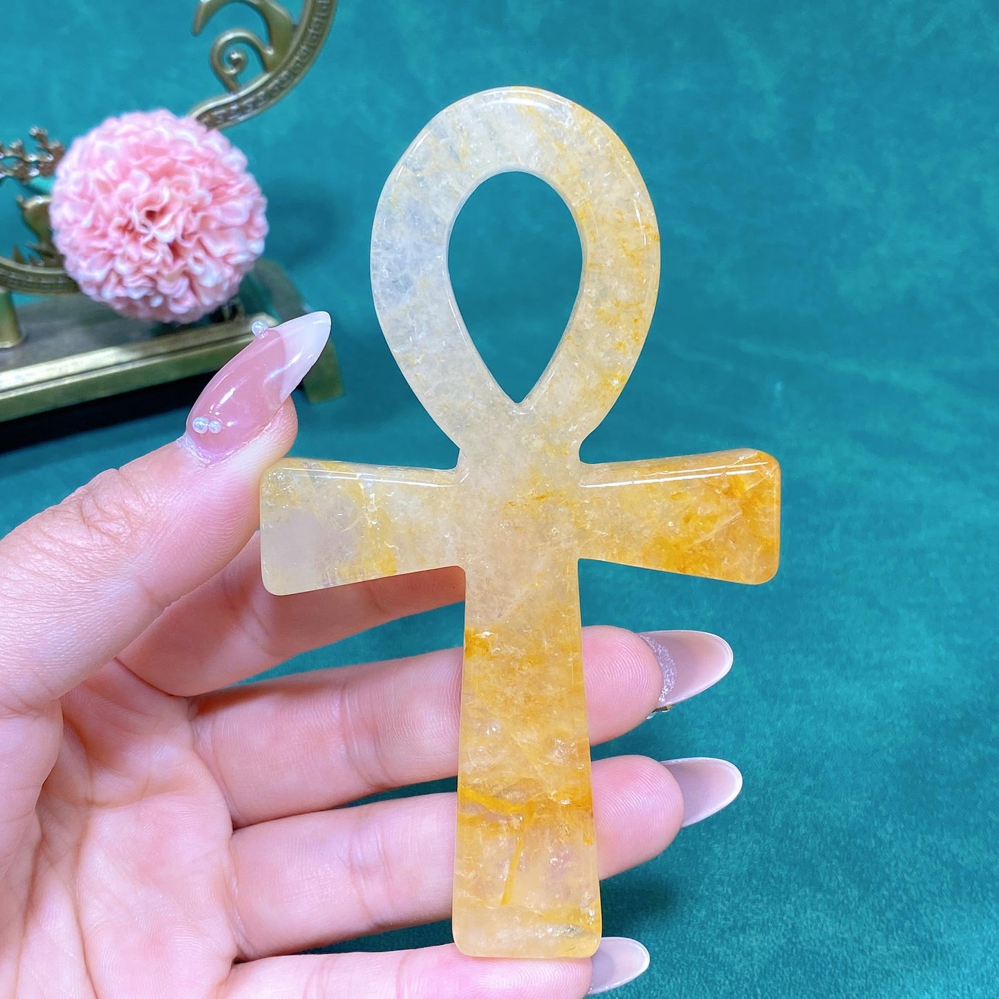 3.6" Natural Quartz,Hand Carved,Mineral Sample,Ankh Totem,Home Decor,Reiki Heal,Energy Crystal Gift (Yellow Hematoid Quartz)