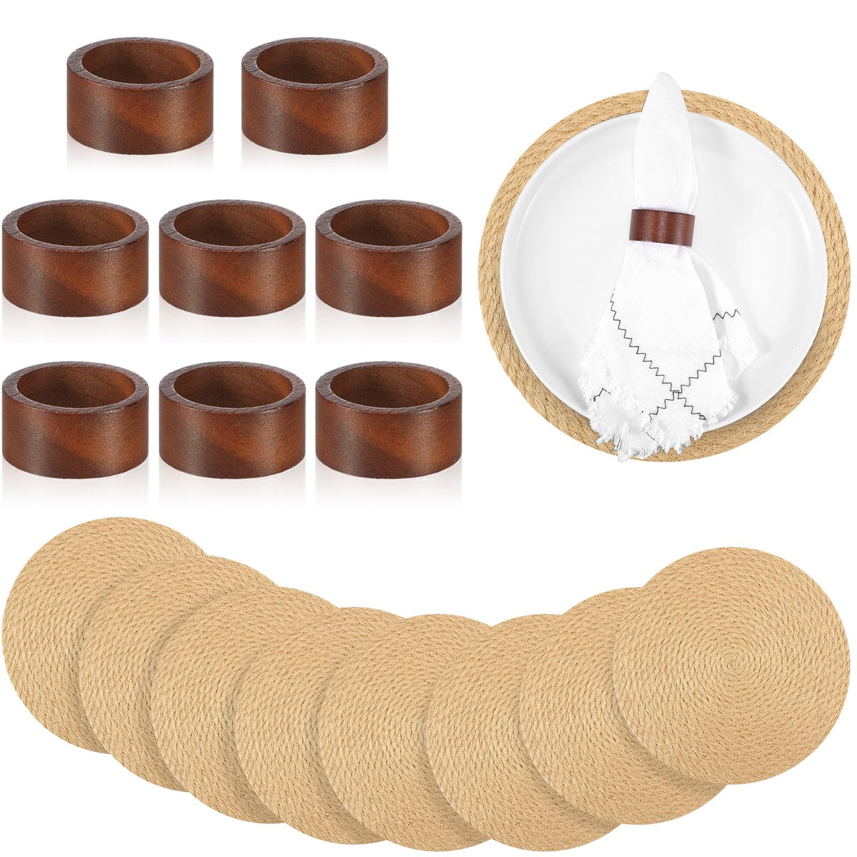 Newtay 16 Pcs Wedding Table Supplies Round Woven Placemats 11.8 '' Wooden Napkin Rings Braided Dining Natural Table Mats Weddings Dinner Parties Kitchen Centerpieces Tabletop Decoration