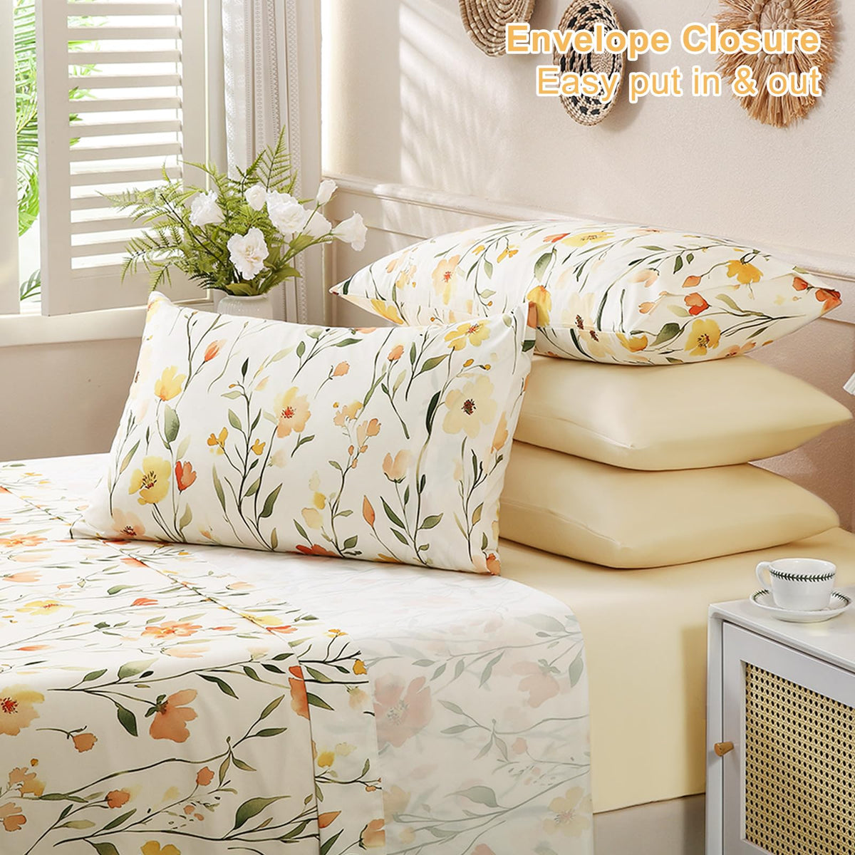 Botanical 6-Piece Full Size Sheets Set, Boho Floral Print Brushed Microfiber Sheets, Cooling Bed Sheet Set, Ultra Soft & Breathable, 16' Deep Pocket Fitted Sheet & Pillowcase Set, Beige Floral